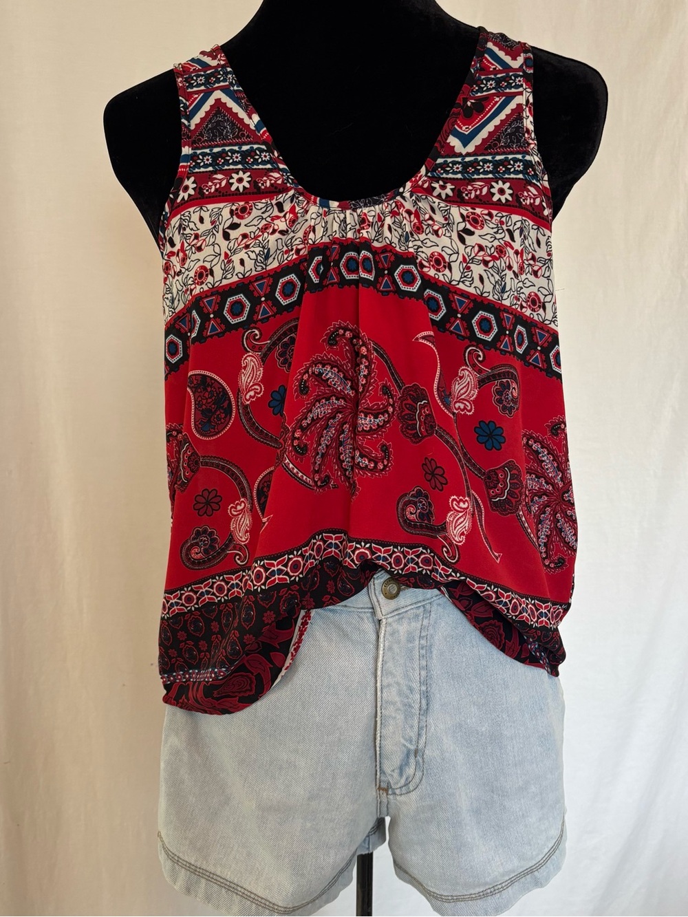 Red Paisley Boho Tank Top M | Bandana Print Festival Western Y2K
